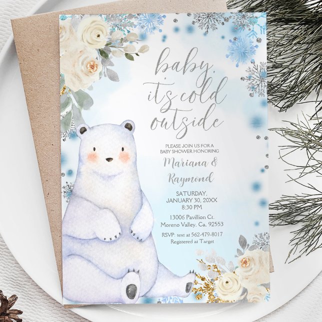 Winter Bear Artics Animal White Flower Baby Shower Invitation (Creator Uploaded)