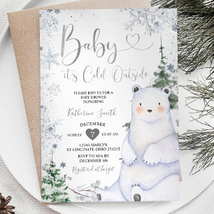 Winter Bear Baby Shower Forest Silver Snowflakes Invitation