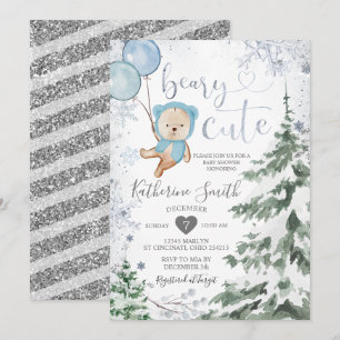 Winter Bear Baby Shower Forest Snowflakes Balloon Invitation