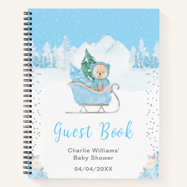Winter Bear Blue Sleigh Baby Shower Guest Book (Front)