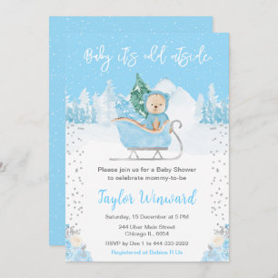 Winter Bear Blue Sleigh Baby Shower Invitation