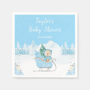 Winter Bear Blue Sleigh Baby Shower Napkin