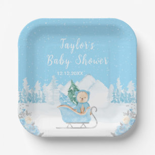 Winter Bear Blue Sleigh Baby Shower Paper Plate