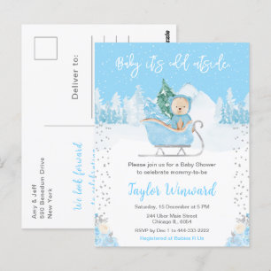 Winter Bear Blue Sleigh Baby Shower Postcard