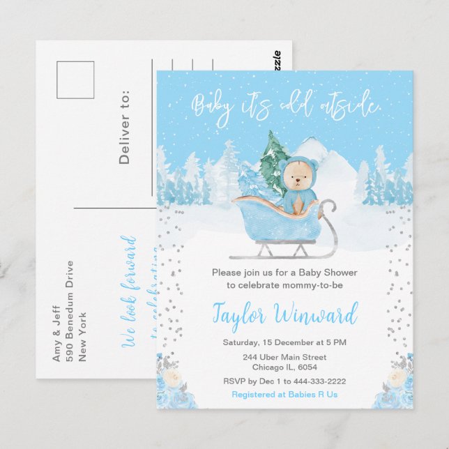 Winter Bear Blue Sleigh Baby Shower Postcard (Front/Back)