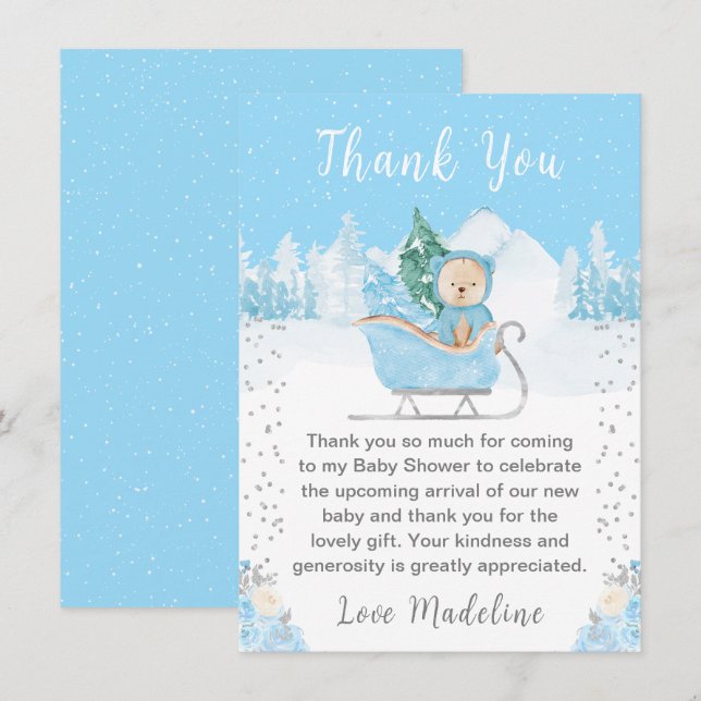 Winter Bear Blue Sleigh Baby Shower Thank You Card (Front/Back)