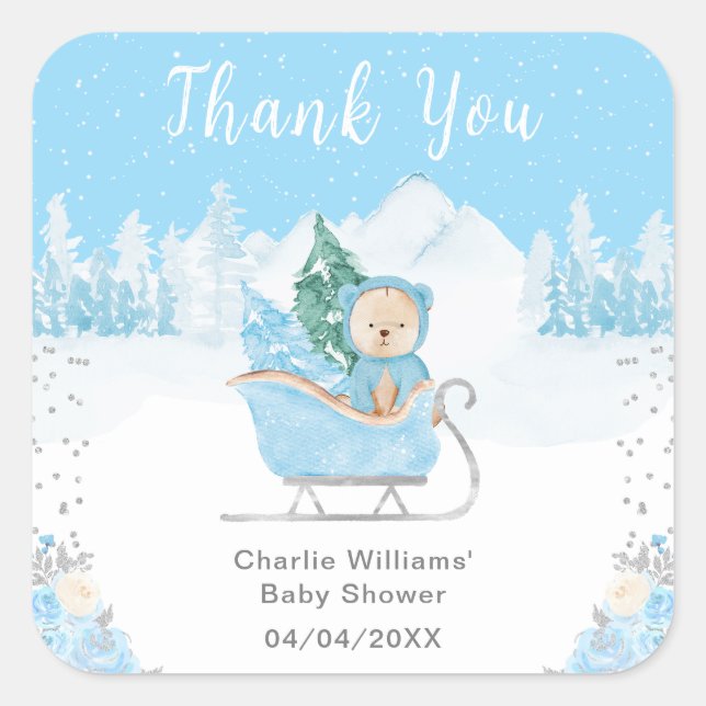 Winter Bear Blue Sleigh Baby Shower Thank You Square Sticker (Front)