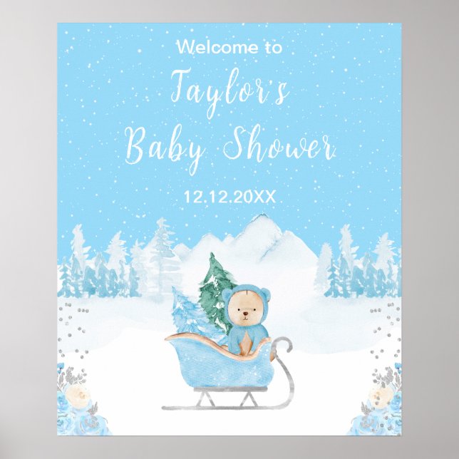 Winter Bear Blue Sleigh Baby Shower Welcome Poster (Front)
