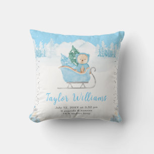 Winter Bear Blue Sleigh Birth Statistics Cushion