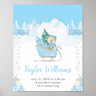 Winter Bear Blue Sleigh Birth Statistics Poster