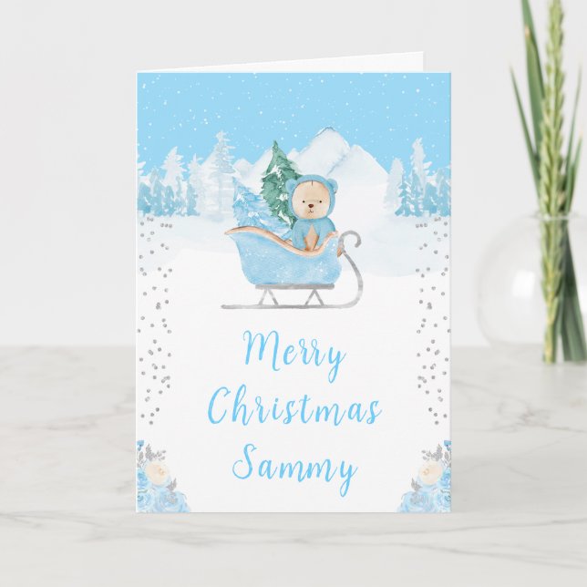 Winter Bear Blue Sleigh Merry Christmas Holiday Card (Front)