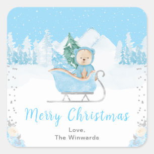 Winter Bear Blue Sleigh Merry Christmas Square Sticker