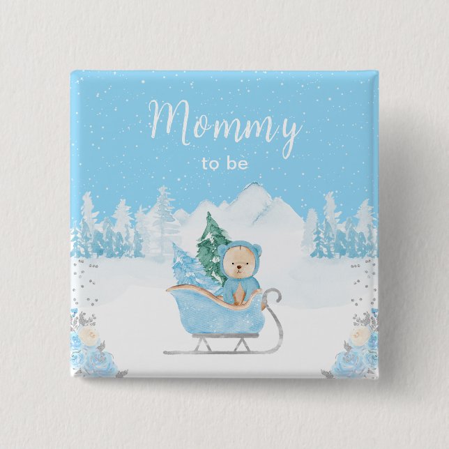 Winter Bear Blue Sleigh Mummy To Be 15 Cm Square Badge (Front)