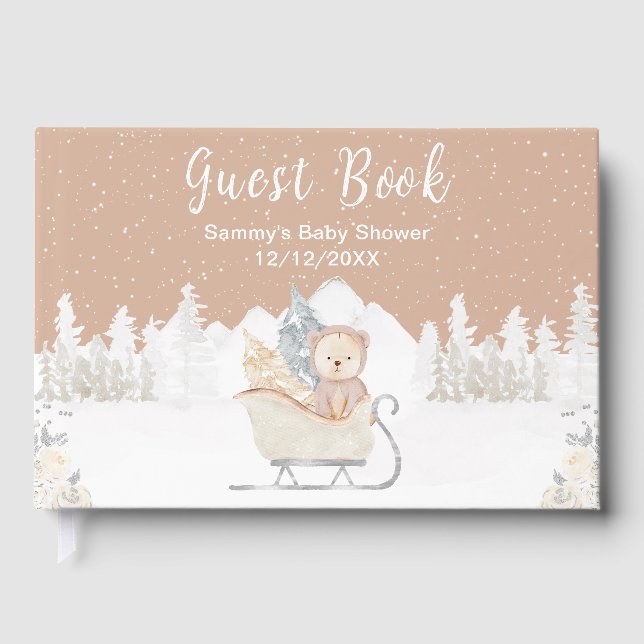 Winter Bear Brown Sleigh Baby Shower Guest Book (Front)