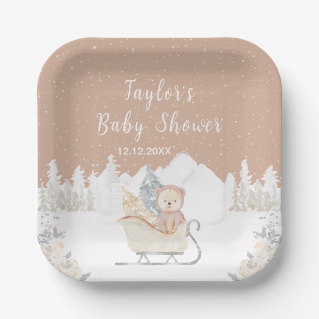 Winter Bear Brown Sleigh Baby Shower Paper Plate (Front)