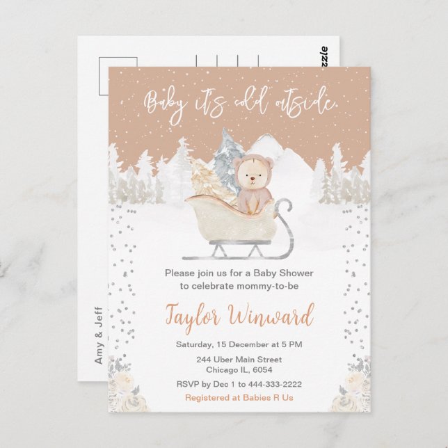 Winter Bear Brown Sleigh Baby Shower Postcard (Front/Back)