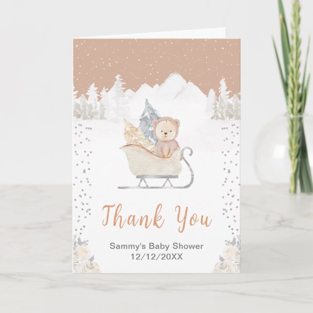 Winter Bear Brown Sleigh Baby Shower Thank You (Front)