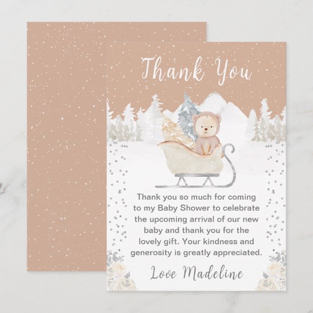 Winter Bear Brown Sleigh Baby Shower Thank You Card (Front/Back)