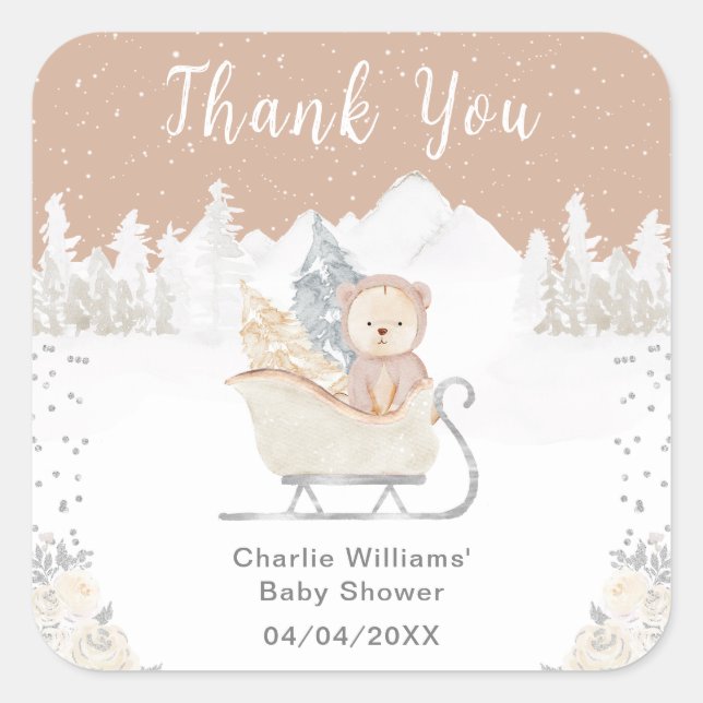 Winter Bear Brown Sleigh Baby Shower Thank You Square Sticker (Front)