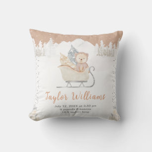 Winter Bear Brown Sleigh Birth Statistics Cushion