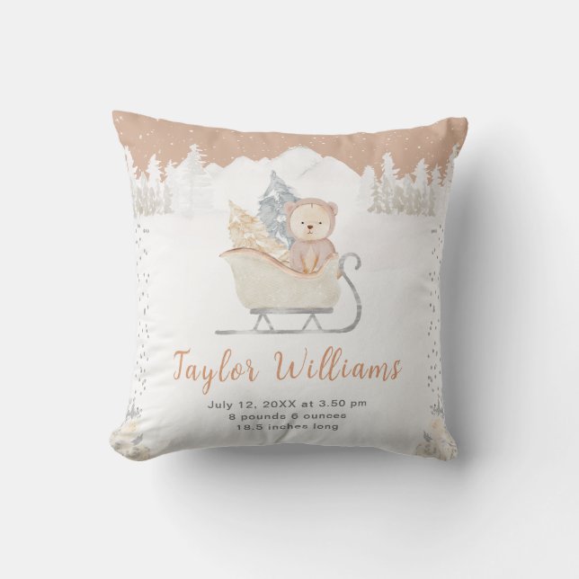 Winter Bear Brown Sleigh Birth Statistics Cushion (Front)