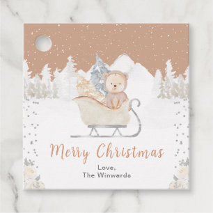 Winter Bear Brown Sleigh Merry Christmas Favour Tags