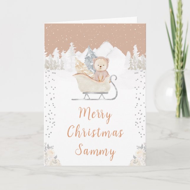 Winter Bear Brown Sleigh Merry Christmas Holiday Card (Front)