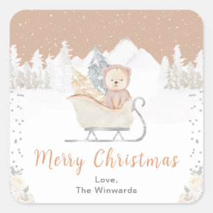Winter Bear Brown Sleigh Merry Christmas Square Sticker