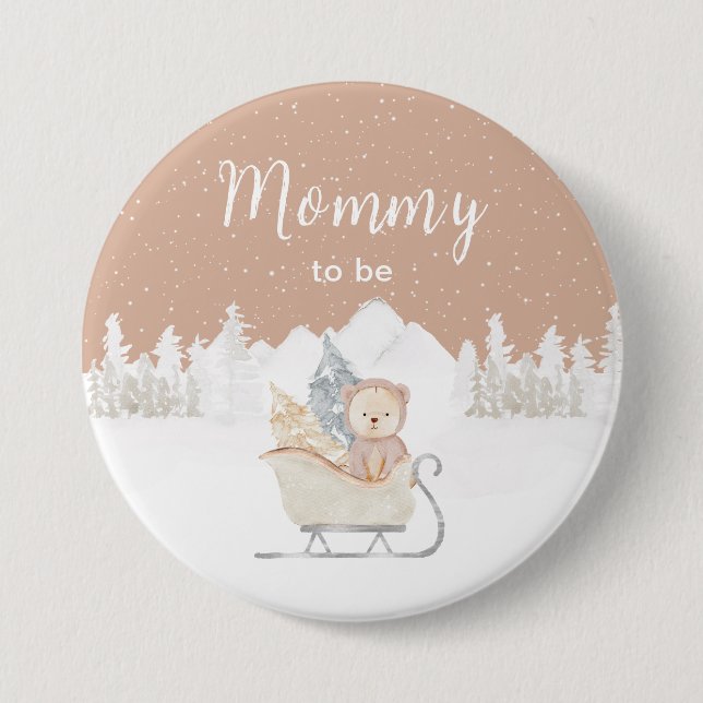 Winter Bear Brown Sleigh Mummy To Be 7.5 Cm Round Badge (Front)