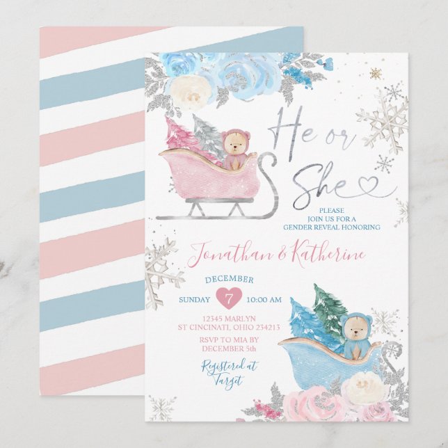 Winter Bear Gender Reveal He or She Snowflakes Inv Invitation (Front/Back)
