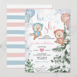 Winter Bear Gender Reveal He or She Snowflakes Invitation