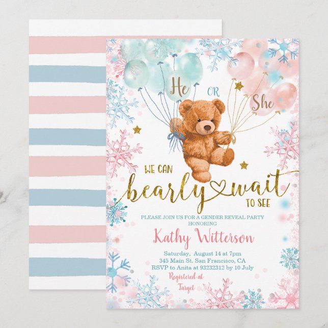 Winter Bear Gender Reveal Pink Blue Baby Shower Invitation (Front/Back)