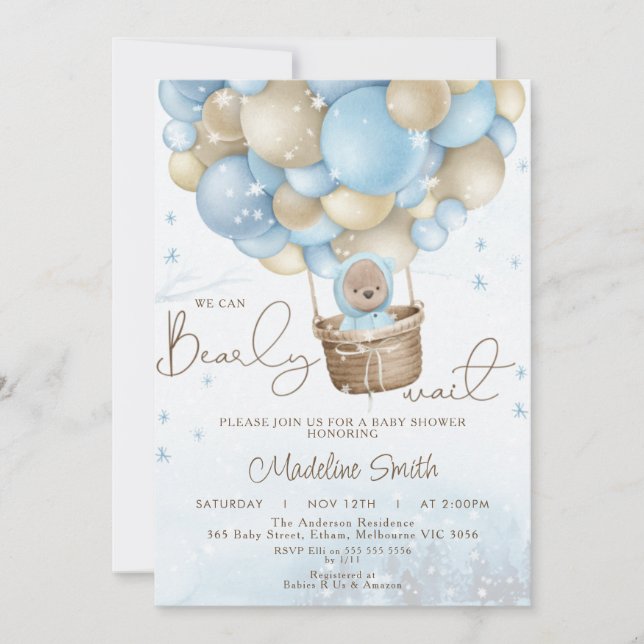 Winter Bear Hot Air Balloon Bearly Baby Shower Invitation (Front)
