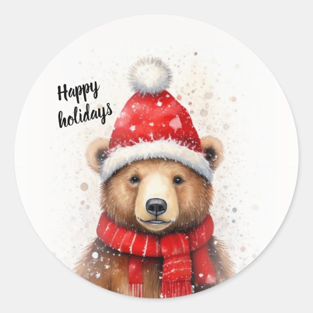 Winter Bear in a Cosy Red Hat  Classic Round Sticker (Front)