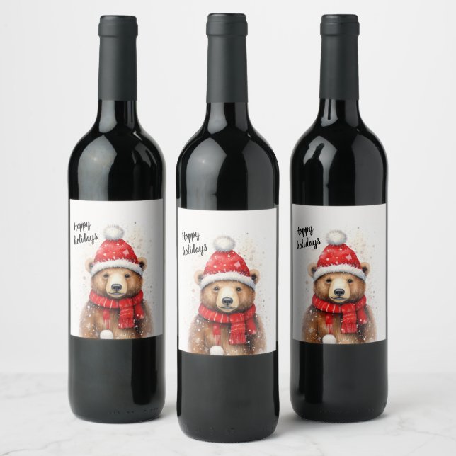 Winter Bear in a Cosy Red Hat  Wine Label (Bottles)