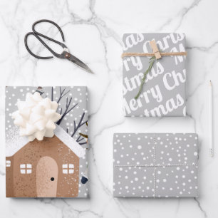 Winter bear, Merry Christmas and snowflakes Wrapping Paper Sheet