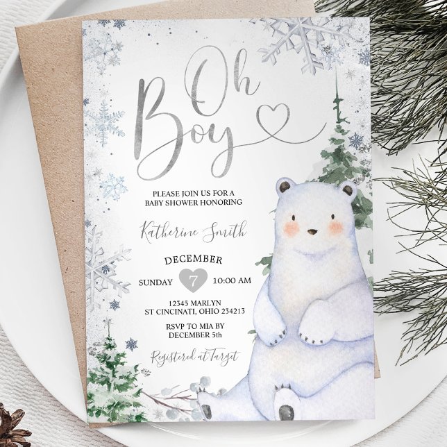 Winter Bear Oh Baby Shower Silver Snowflakes Invitation (Creator Uploaded)