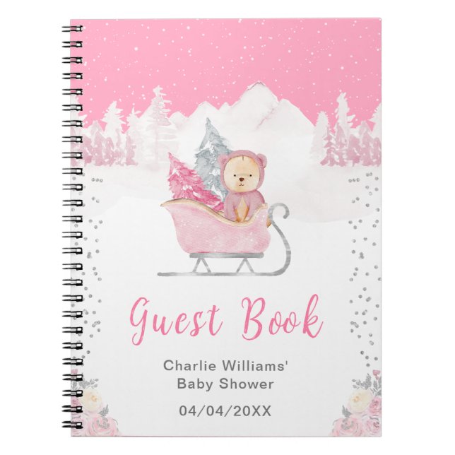 Winter Bear Pink Sleigh Baby Shower Guest Book (Front)