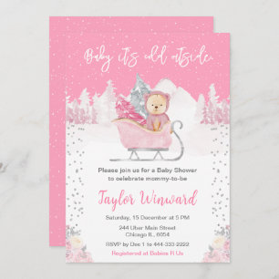 Winter Bear Pink Sleigh Baby Shower Invitation