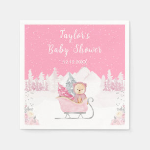 Winter Bear Pink Sleigh Baby Shower Napkin
