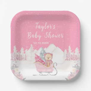 Winter Bear Pink Sleigh Baby Shower Paper Plate