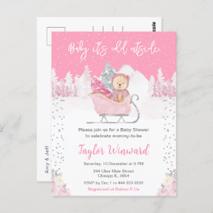 Winter Bear Pink Sleigh Baby Shower Postcard