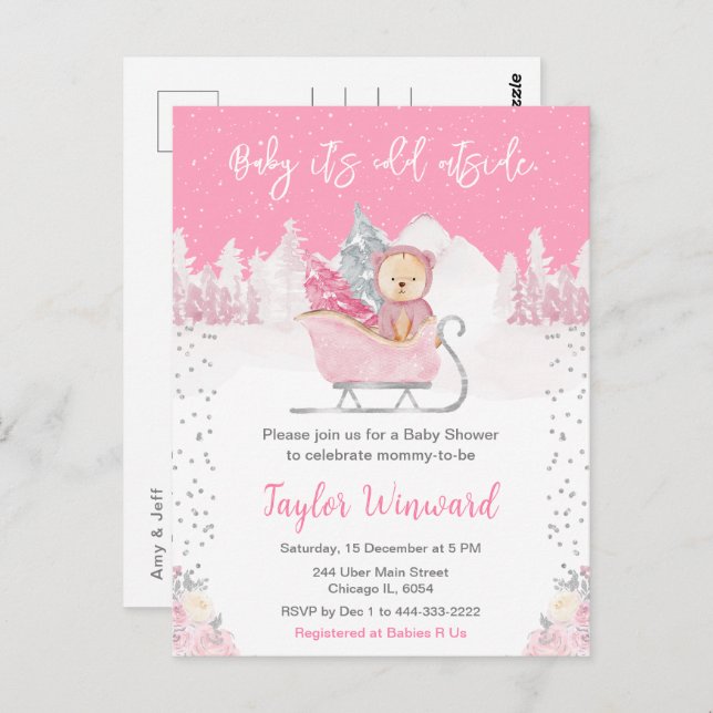 Winter Bear Pink Sleigh Baby Shower Postcard (Front/Back)