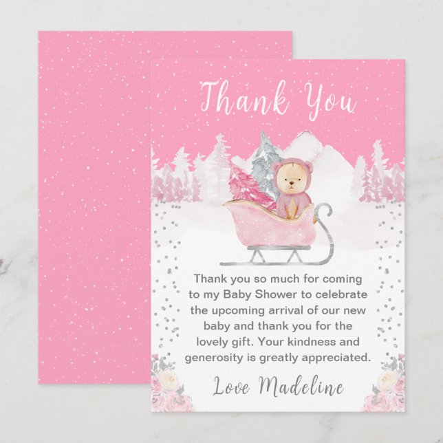 Winter Bear Pink Sleigh Baby Shower Thank You Card (Front/Back)