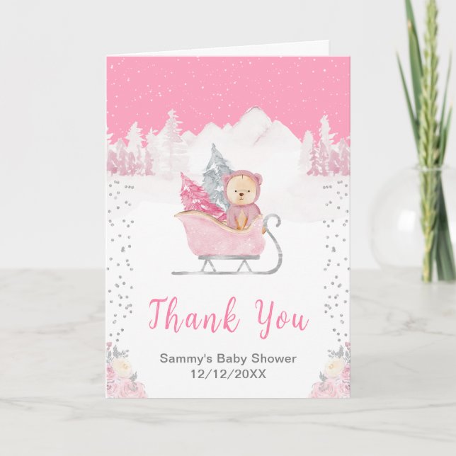 Winter Bear Pink Sleigh Baby Shower Thank You Card (Front)
