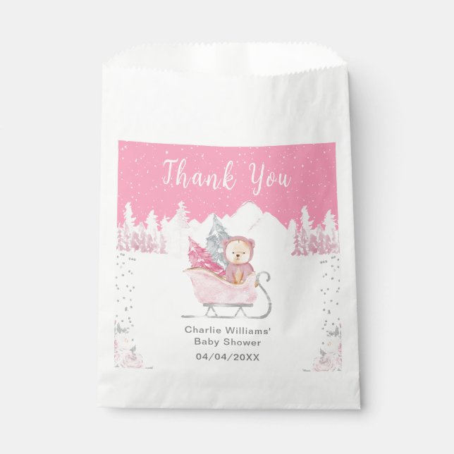 Winter Bear Pink Sleigh Baby Shower Thank You Favour Bags (Front)