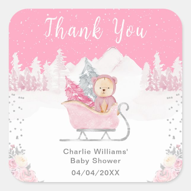 Winter Bear Pink Sleigh Baby Shower Thank You Square Sticker (Front)
