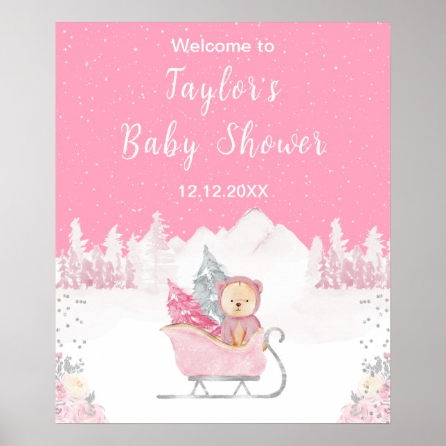 Winter Bear Pink Sleigh Baby Shower Welcome Poster (Front)