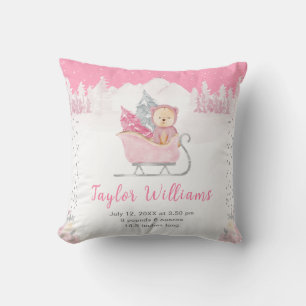 Winter Bear Pink Sleigh Birth Statistics Cushion