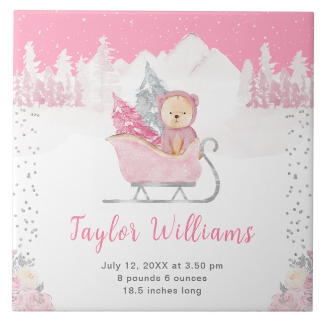 Winter Bear Pink Sleigh Birth Statistics Tile (Front)